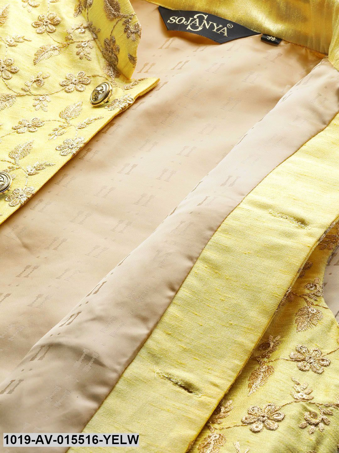 Men's Silk Blend Lemon Yellow & Gold Embroidered Nehru Jacket - Sojanya
