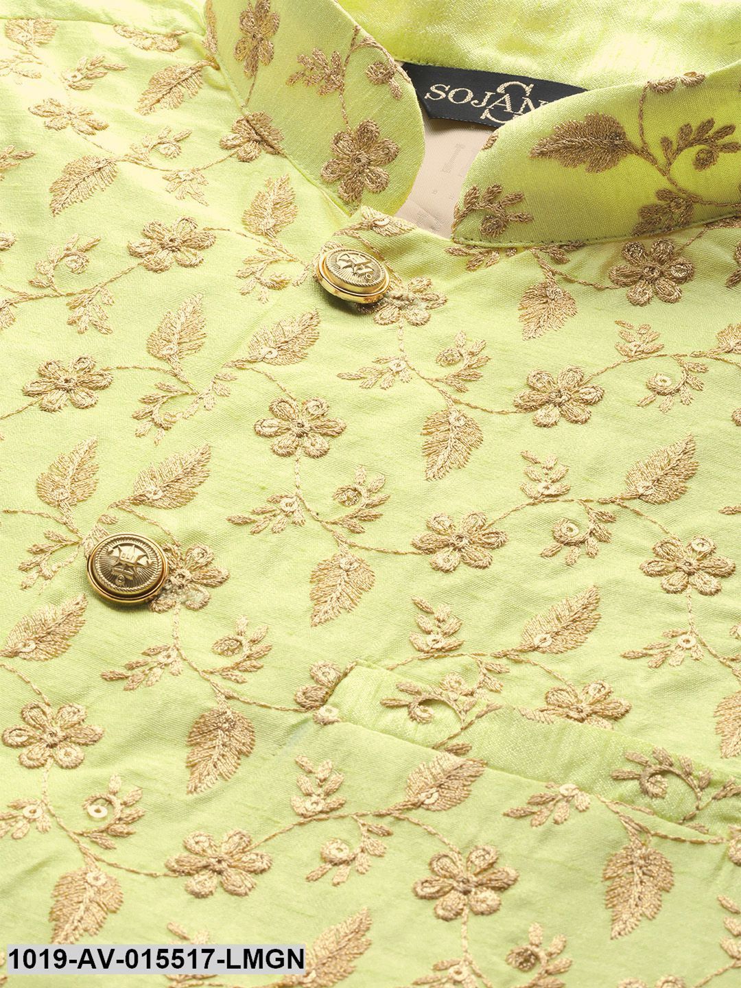 Men's Silk Blend Lime Green & Gold Embroidered Nehru Jacket - Sojanya