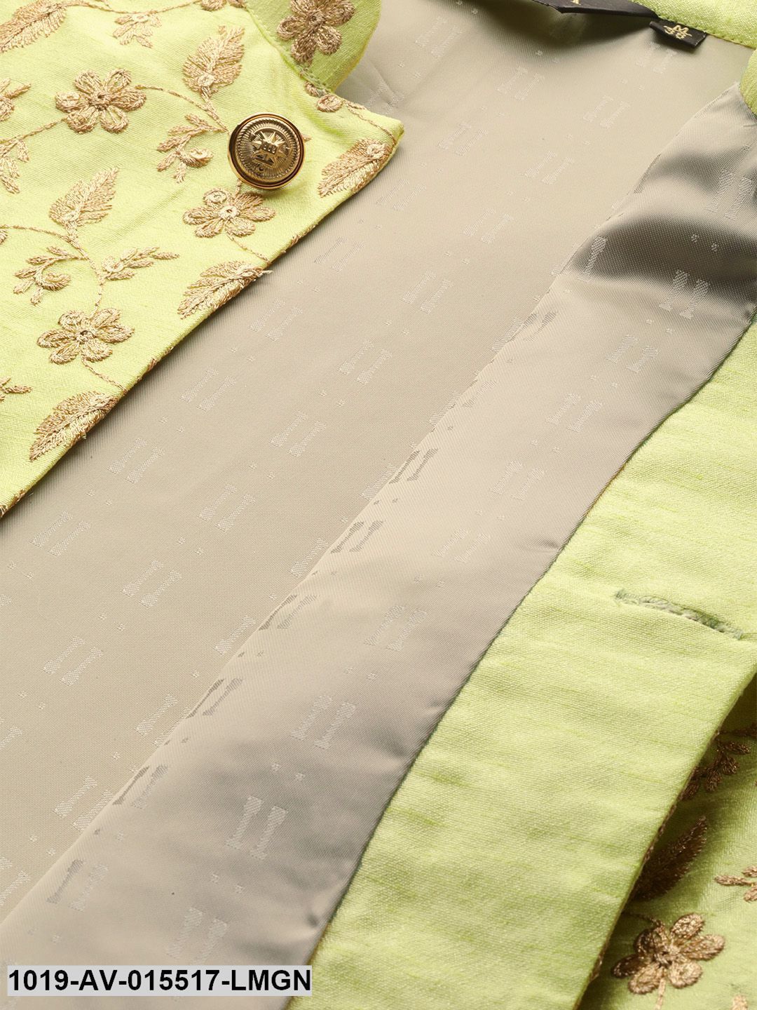Men's Silk Blend Lime Green & Gold Embroidered Nehru Jacket - Sojanya