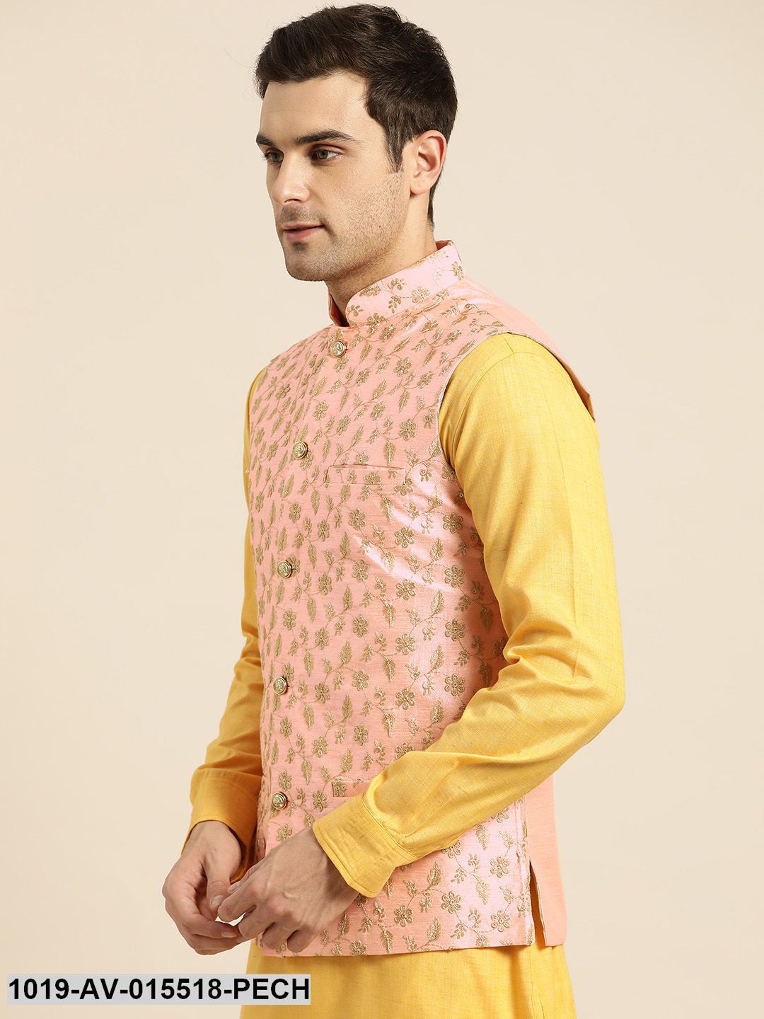 Men's Silk Blend Peach & Gold Embroidered Nehru Jacket - Sojanya