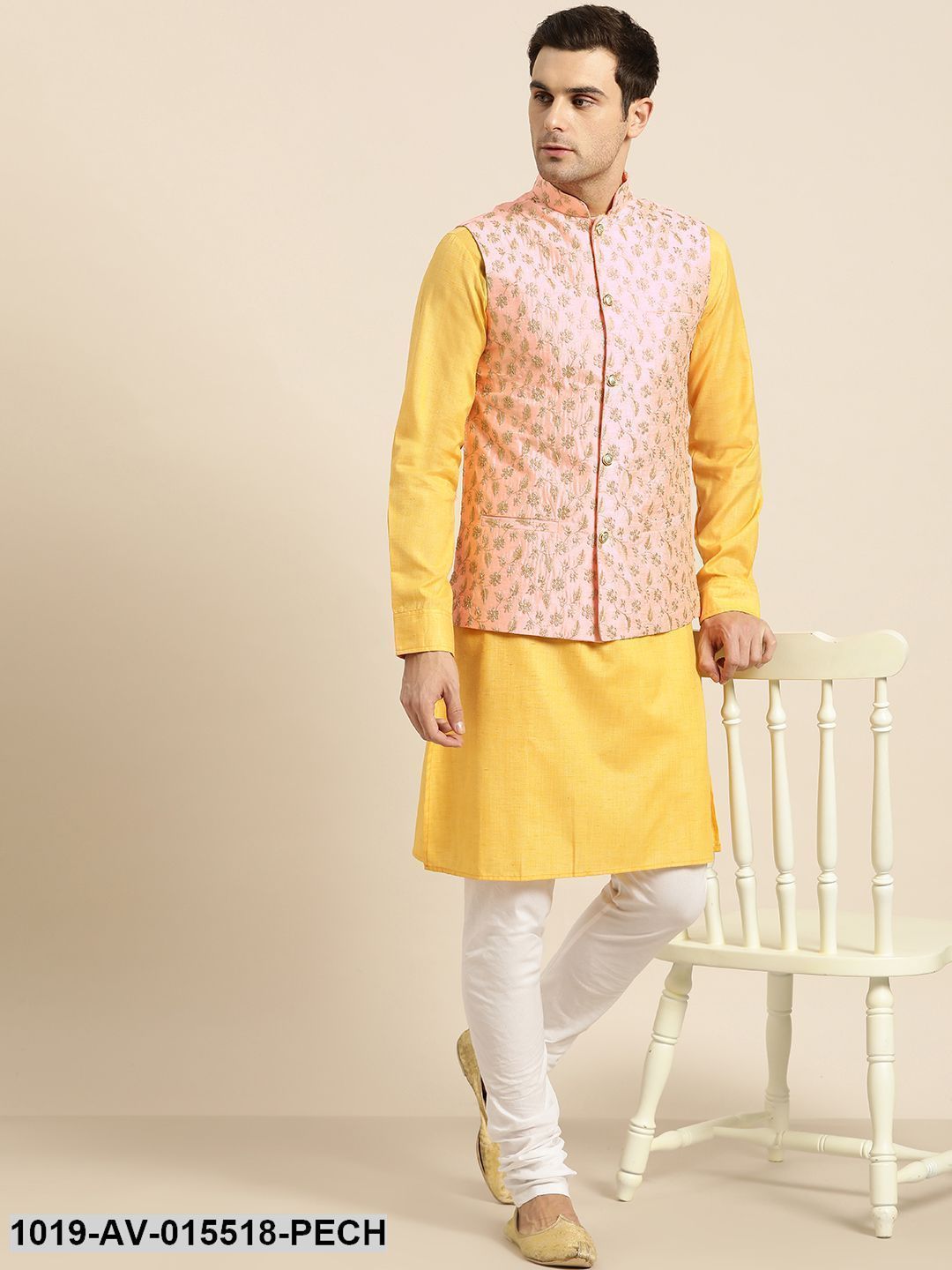 Men's Silk Blend Peach & Gold Embroidered Nehru Jacket - Sojanya