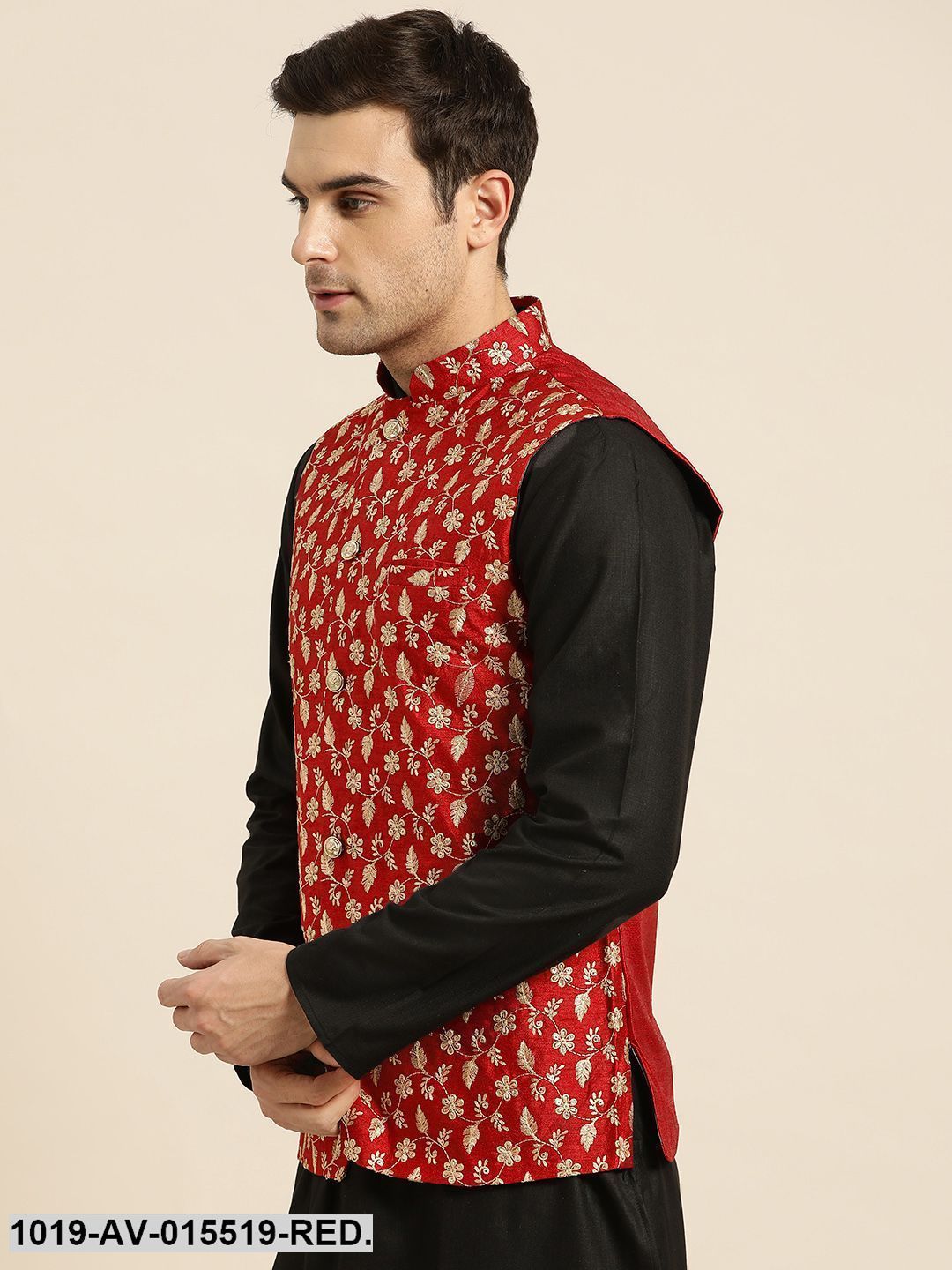 Men's Silk Blend Red & Gold Embroidered Nehru Jacket - Sojanya
