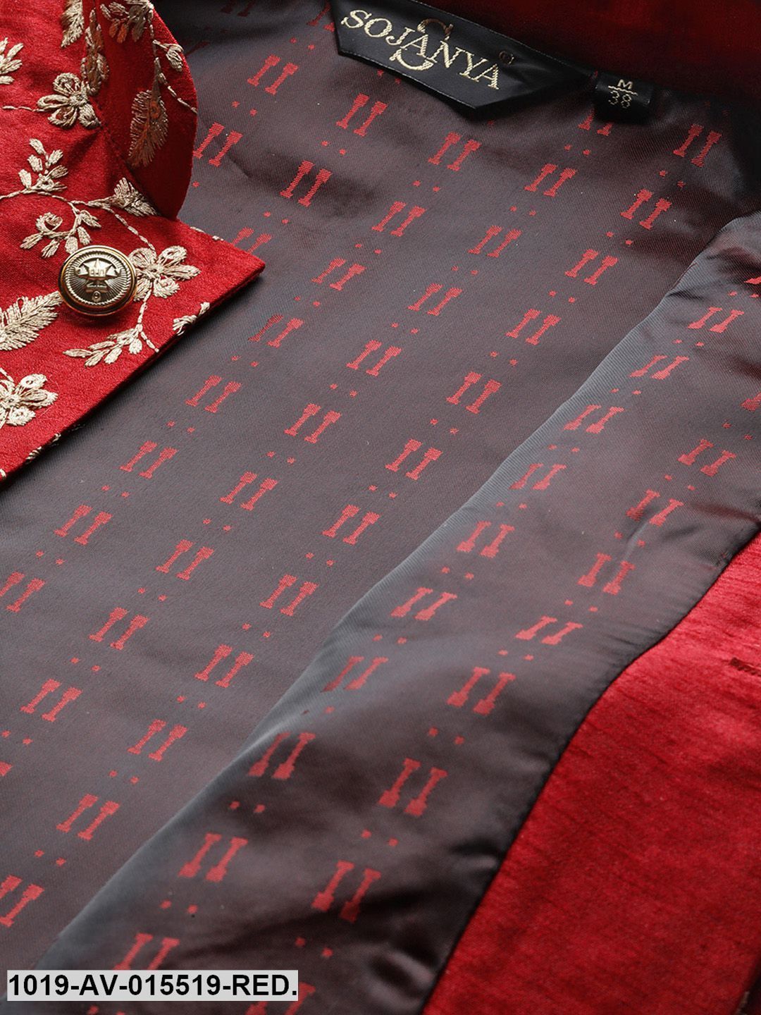 Men's Silk Blend Red & Gold Embroidered Nehru Jacket - Sojanya