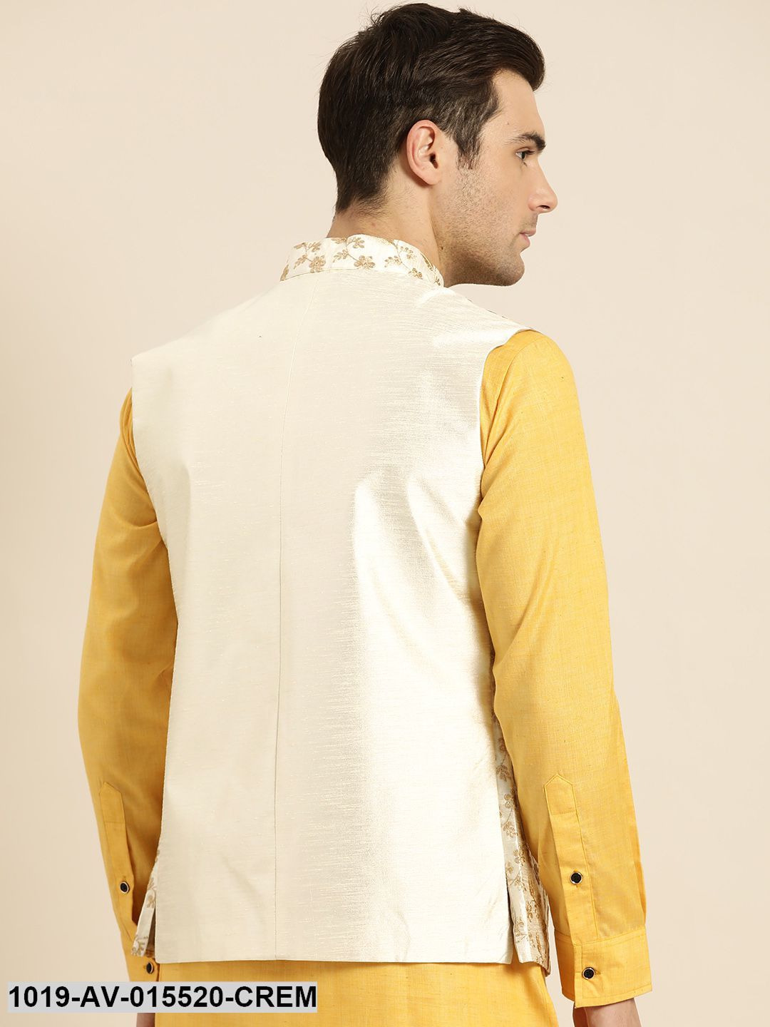 Men's Silk Blend Cream & Gold Embroidered Nehru Jacket - Sojanya