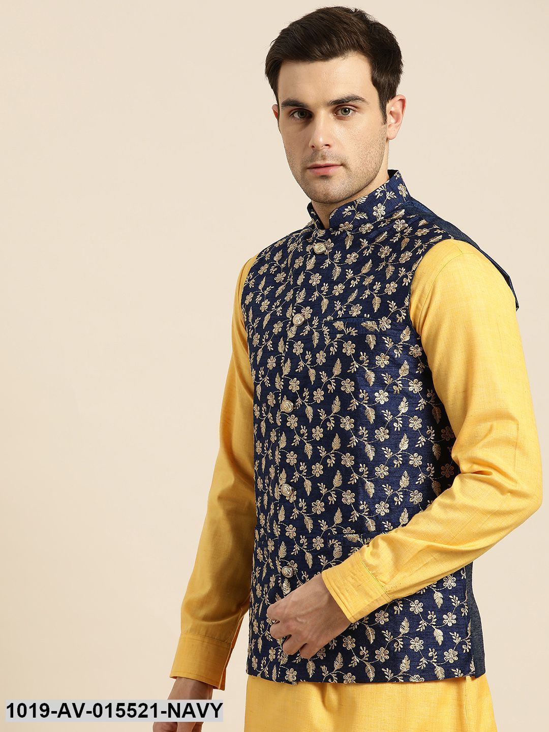 Men's Silk Blend Navy Blue & Gold Embroidered Nehru Jacket - Sojanya