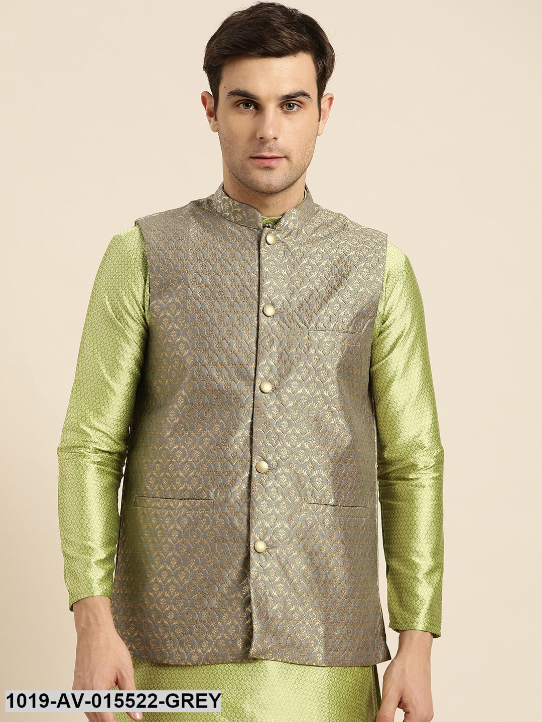 Men's Silk Blend Grey & Gold Self Design Nehru Jacket - Sojanya