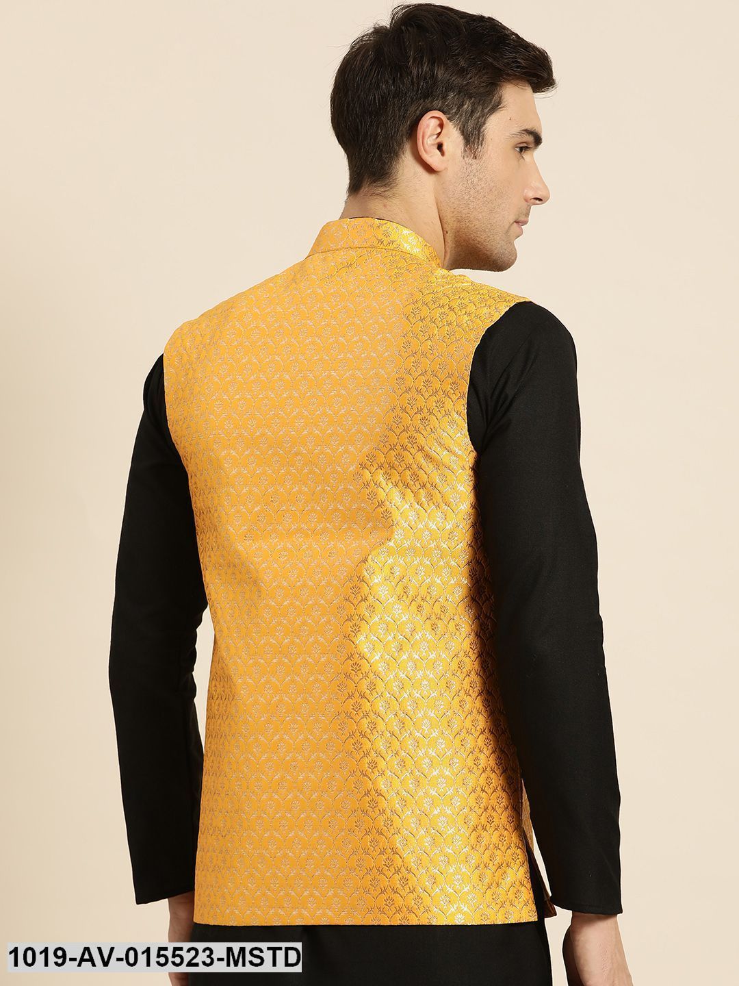 Men's Silk Blend Mustard & Gold Self Design Nehru Jacket - Sojanya