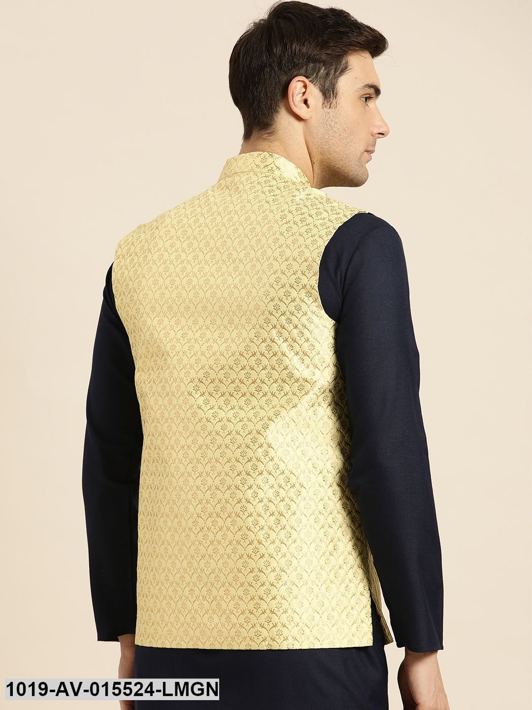 Men's Silk Blend Lime Green & Gold Self Design Nehru Jacket - Sojanya