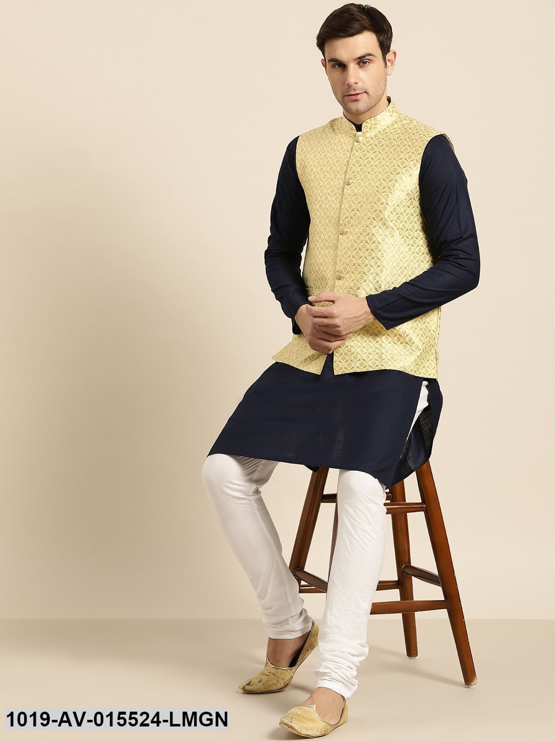 Men's Silk Blend Lime Green & Gold Self Design Nehru Jacket - Sojanya