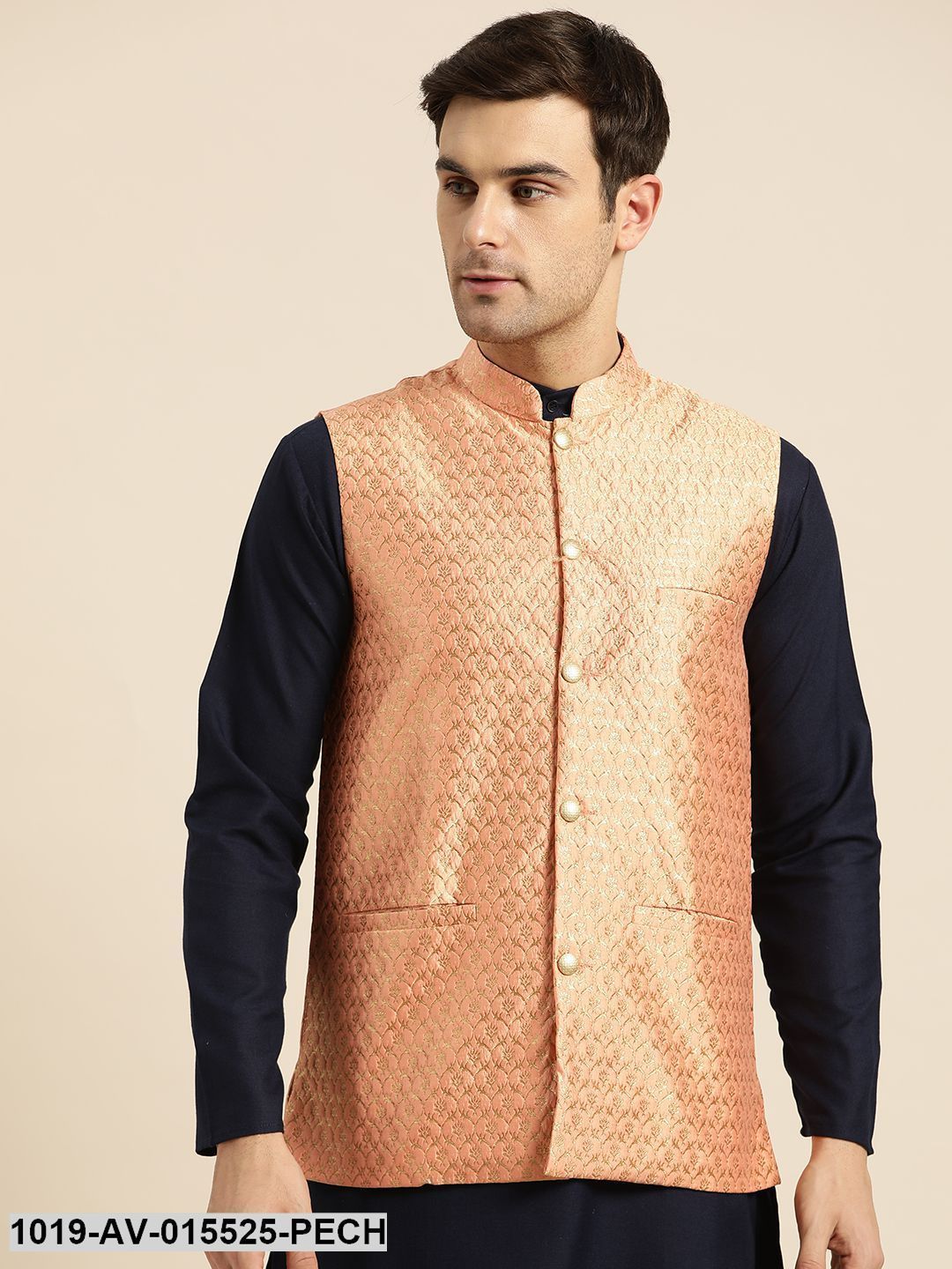 Men's Silk Blend Peach & Gold Self Design Nehru Jacket - Sojanya