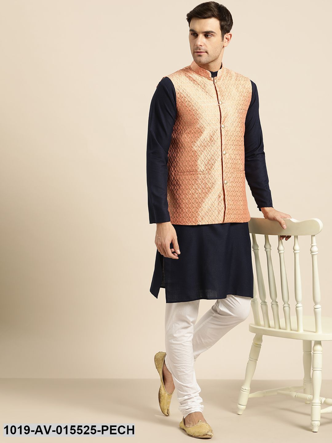 Men's Silk Blend Peach & Gold Self Design Nehru Jacket - Sojanya