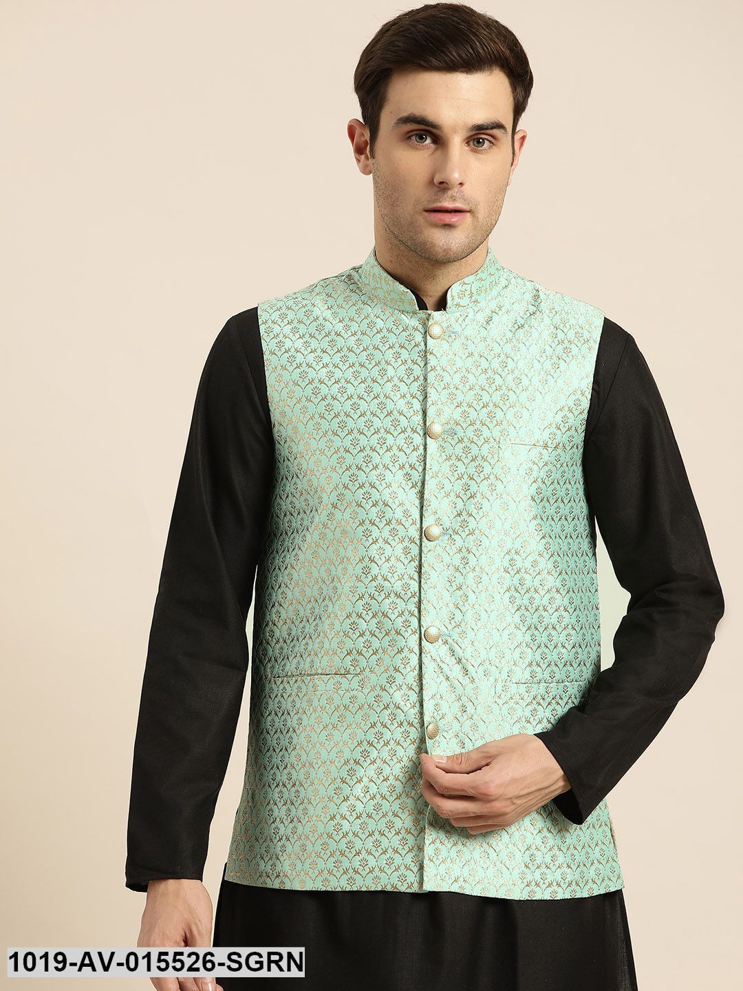 Men's Silk Blend Sea Green & Gold Self Design Nehru Jacket - Sojanya