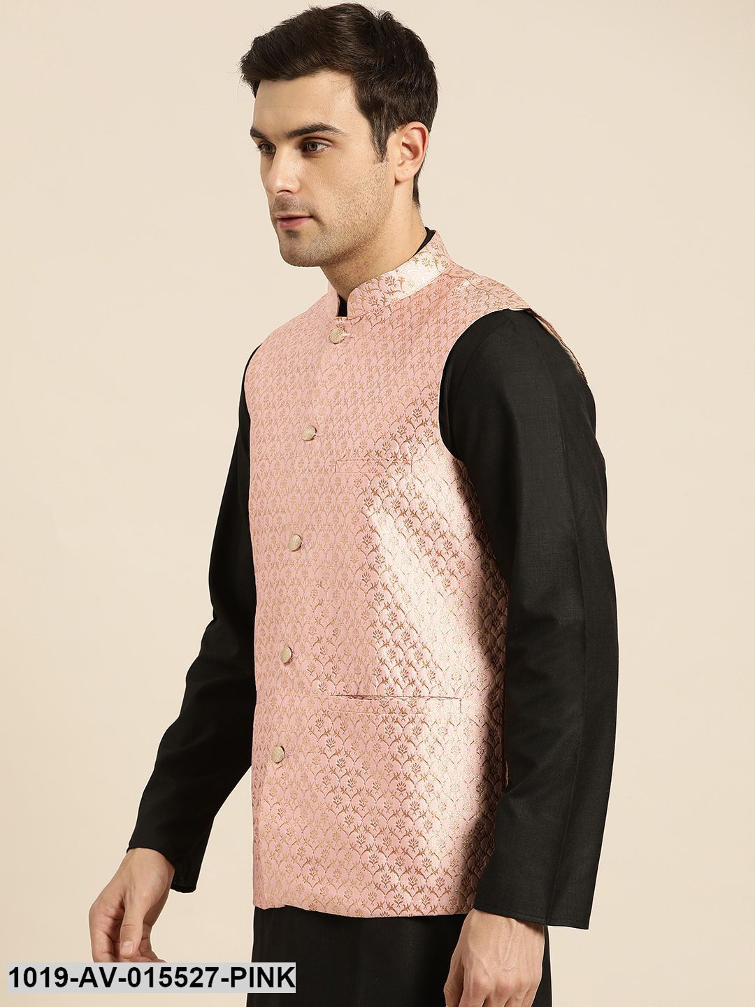 Men's Silk Blend Light Pink & Gold Self Design Nehru Jacket - Sojanya