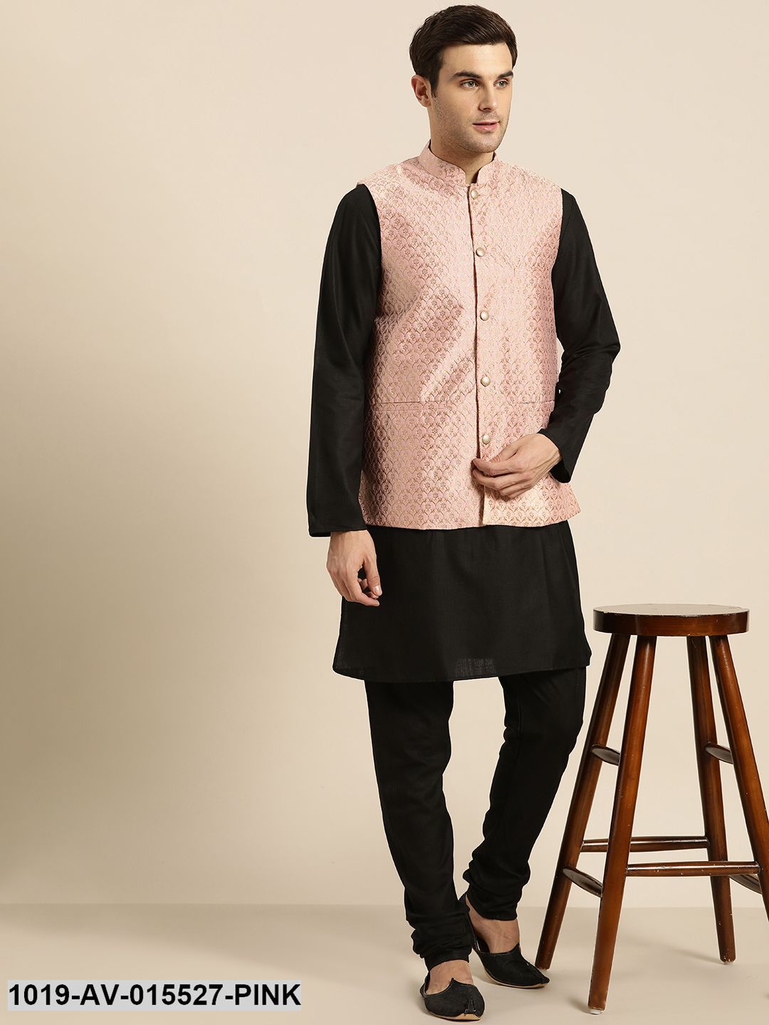 Men's Silk Blend Light Pink & Gold Self Design Nehru Jacket - Sojanya