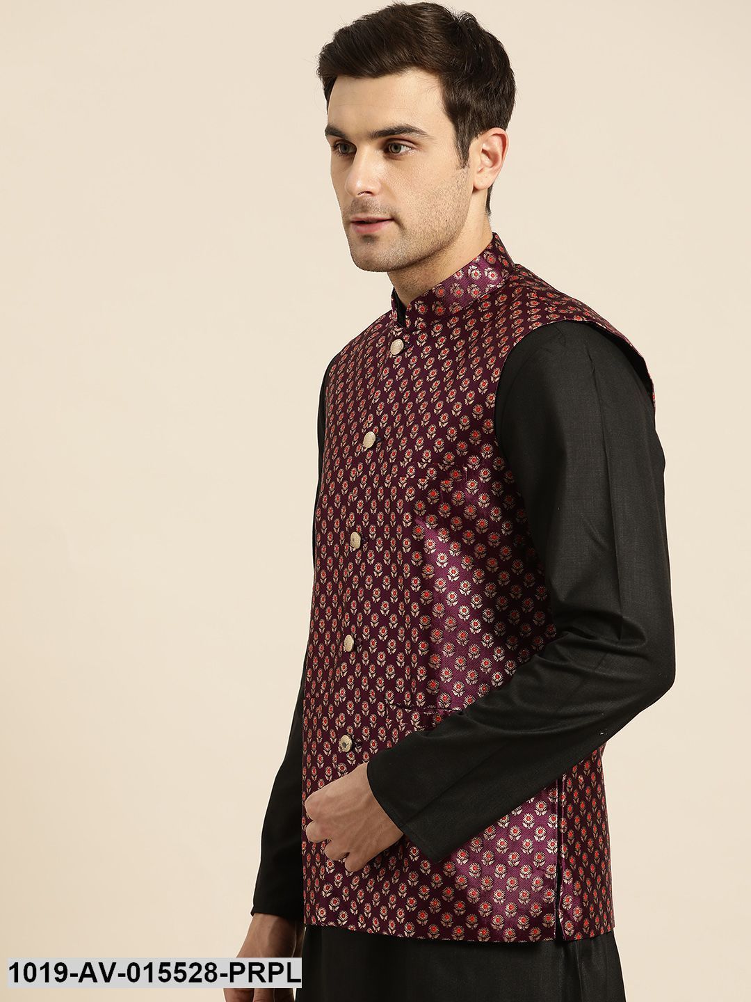 Men's Silk Blend Wine & Multi Color Self Design Nehru Jacket - Sojanya