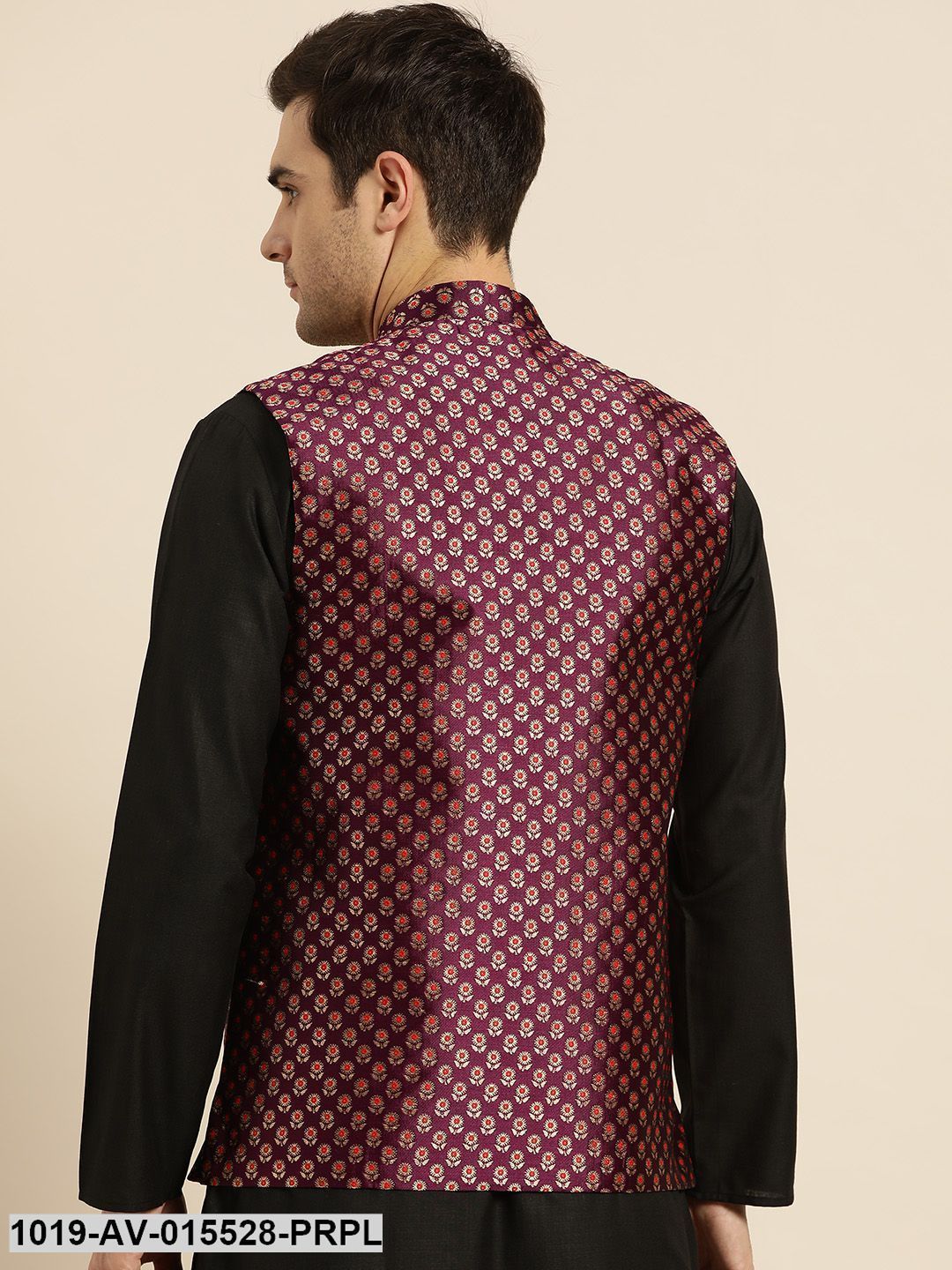 Men's Silk Blend Wine & Multi Color Self Design Nehru Jacket - Sojanya