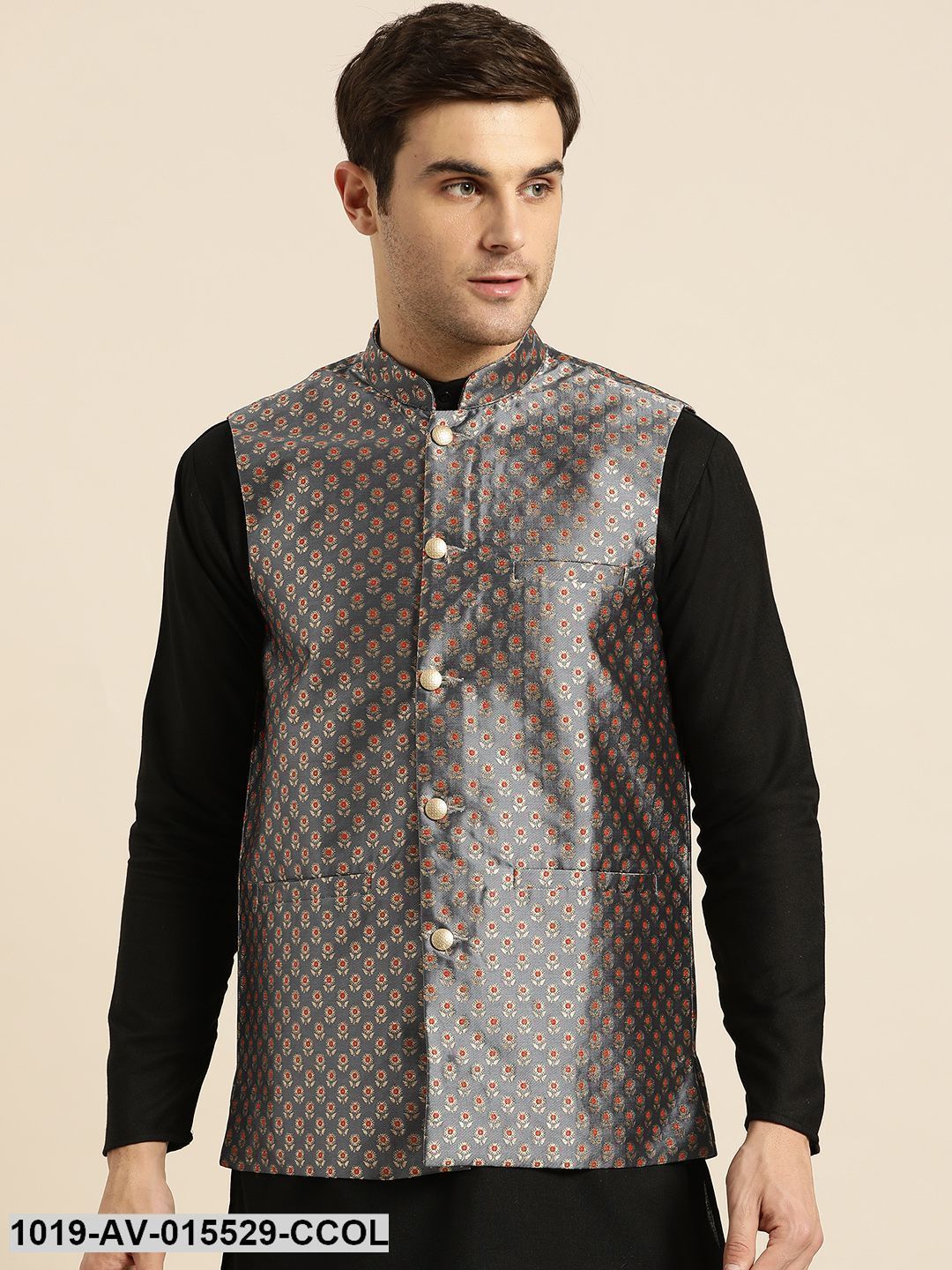 Men's Silk Blend Charcoal Grey & Multi Color Self Design Nehru Jacket - Sojanya