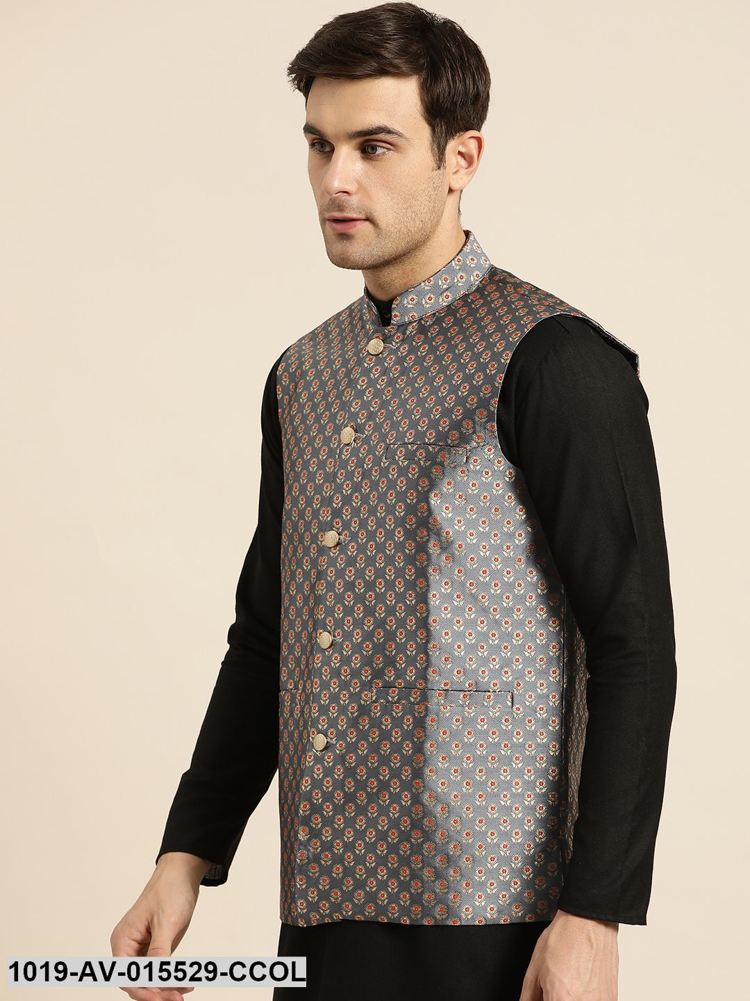 Men's Silk Blend Charcoal Grey & Multi Color Self Design Nehru Jacket - Sojanya