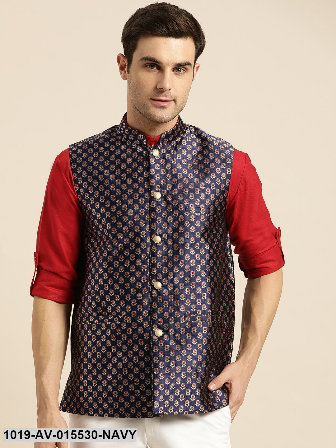 Men's Silk Blend Navy Blue & Multi Color Self Design Nehru Jacket