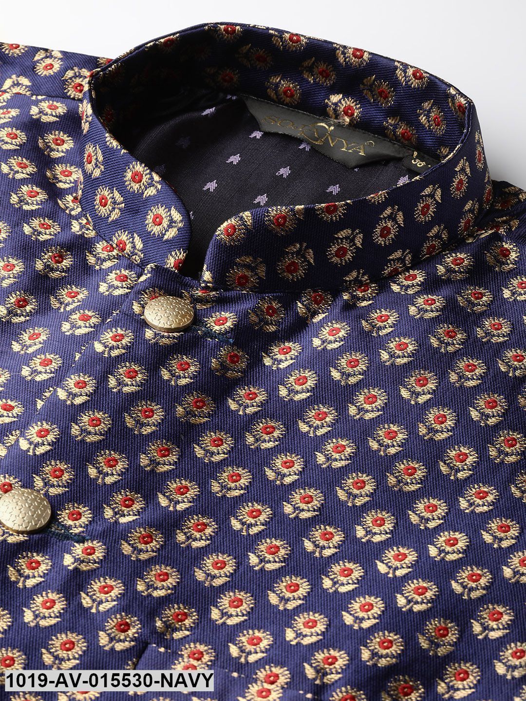 Men's Silk Blend Navy Blue & Multi Color Self Design Nehru Jacket