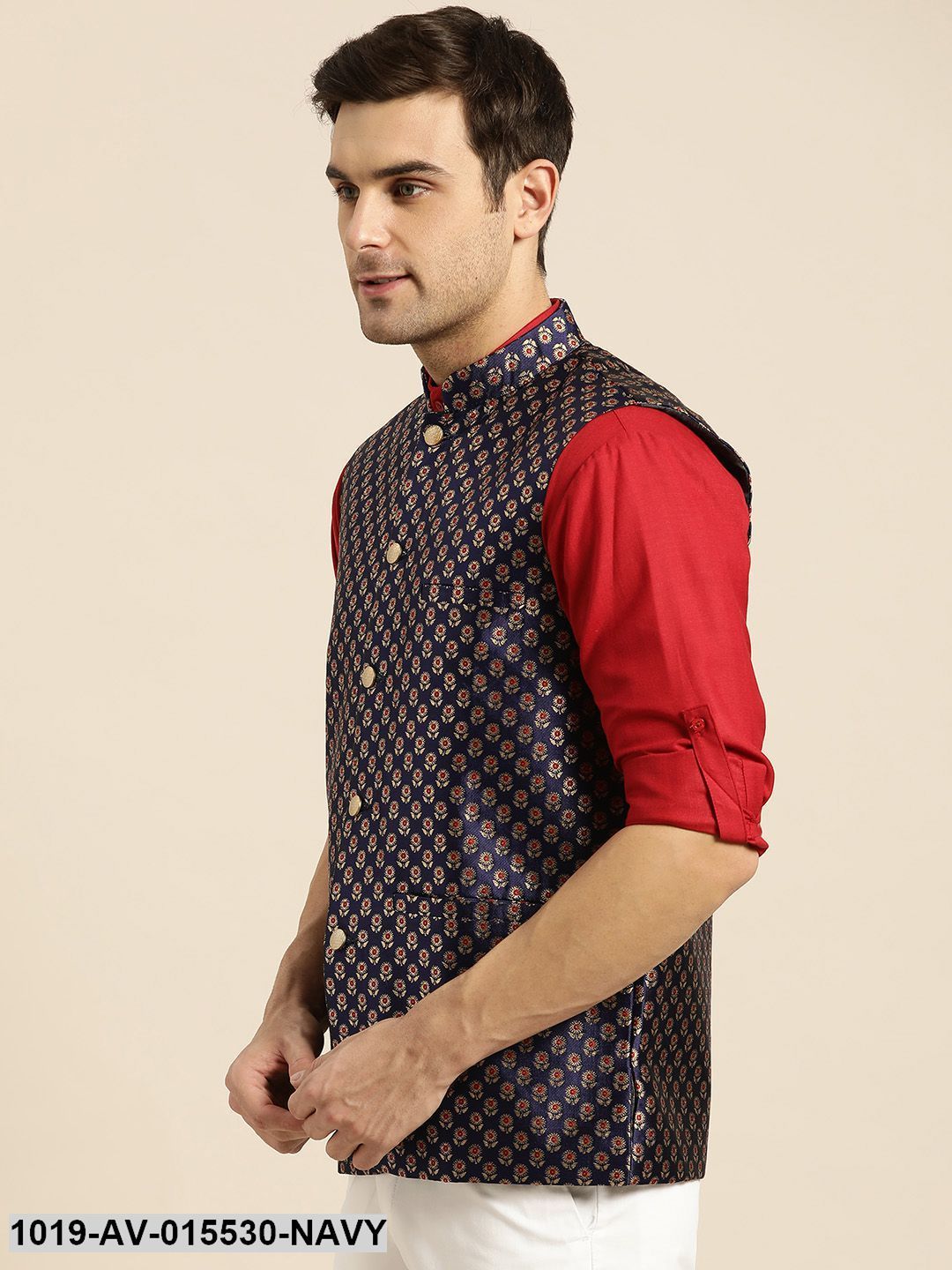 Men's Silk Blend Navy Blue & Multi Color Self Design Nehru Jacket