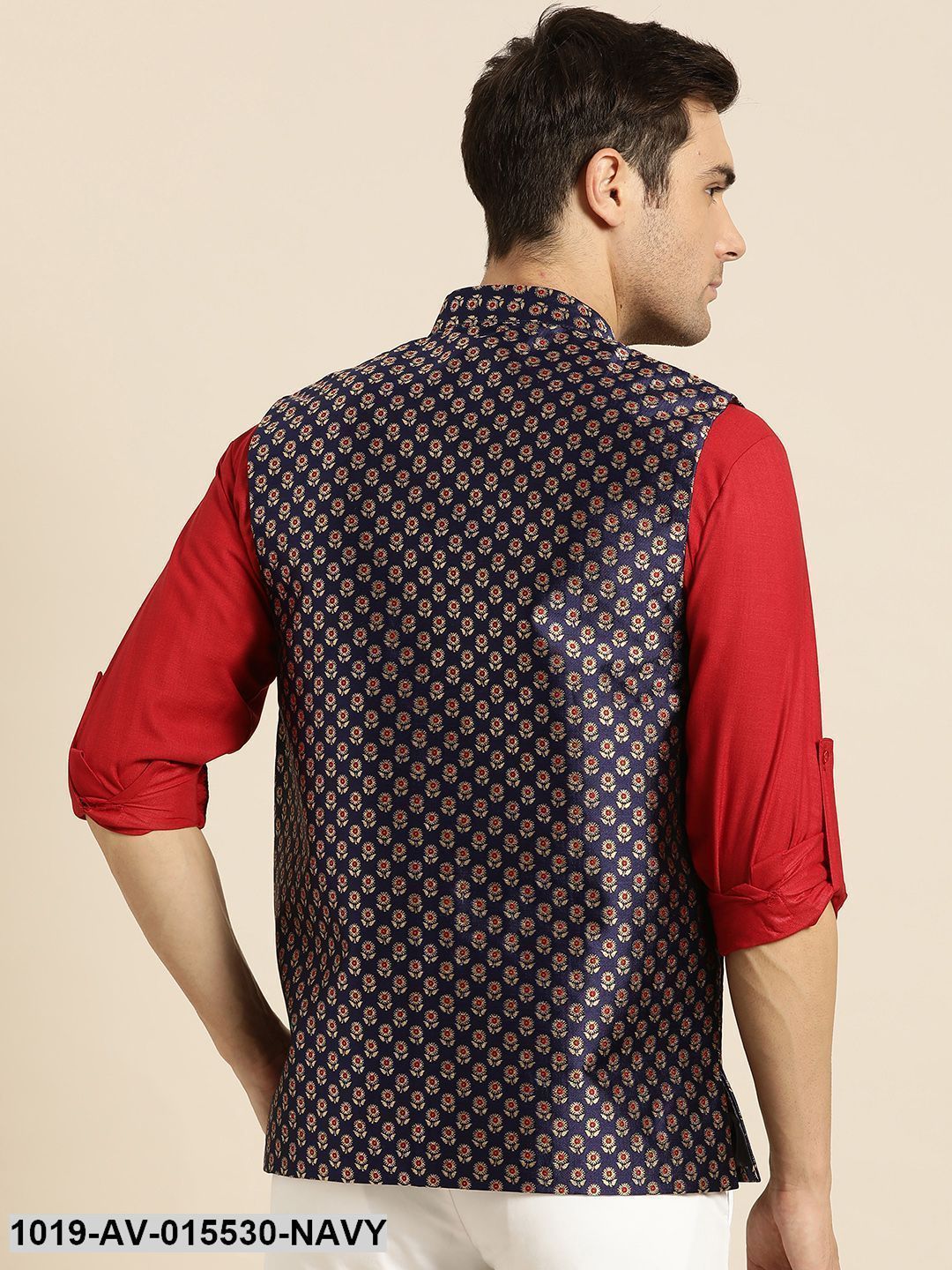 Men's Silk Blend Navy Blue & Multi Color Self Design Nehru Jacket