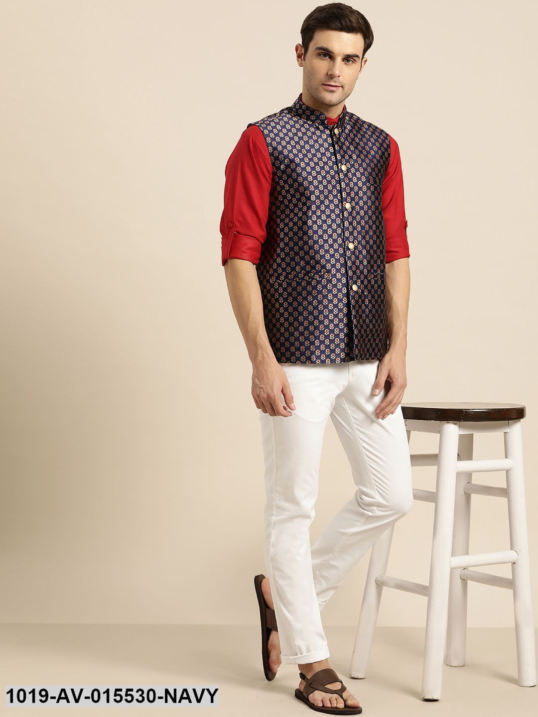 Men's Silk Blend Navy Blue & Multi Color Self Design Nehru Jacket