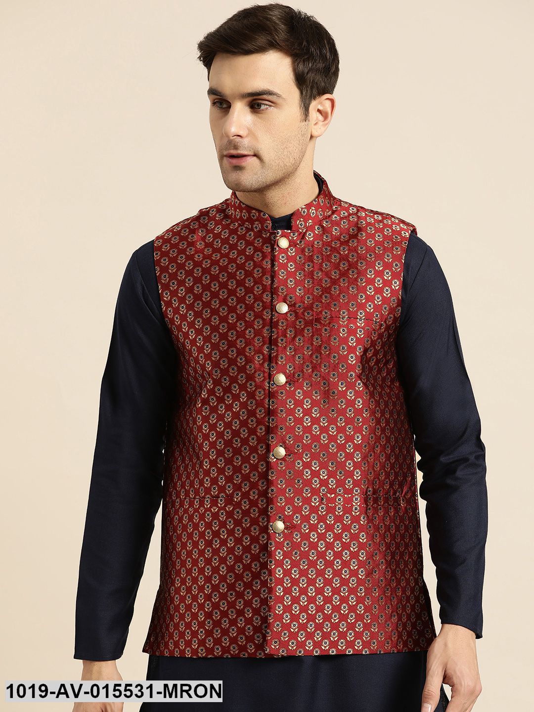 Men's Silk Blend Maroon & Multi Color Self Design Nehru Jacket - Sojanya