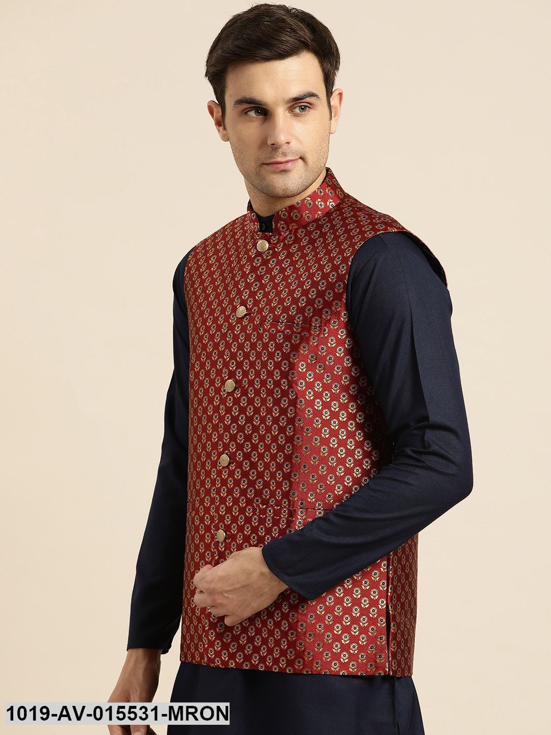Men's Silk Blend Maroon & Multi Color Self Design Nehru Jacket - Sojanya