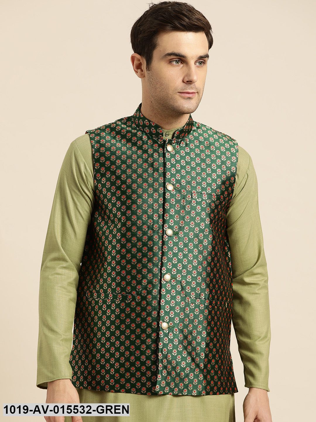 Men's Silk Blend Dark Green & Multi Color Self Design Nehru Jacket