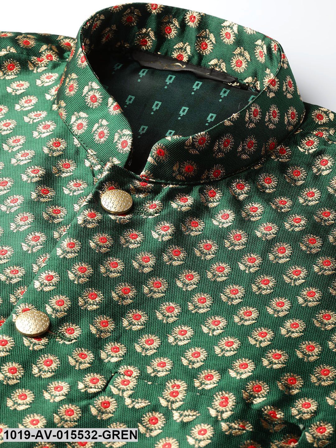 Men's Silk Blend Dark Green & Multi Color Self Design Nehru Jacket