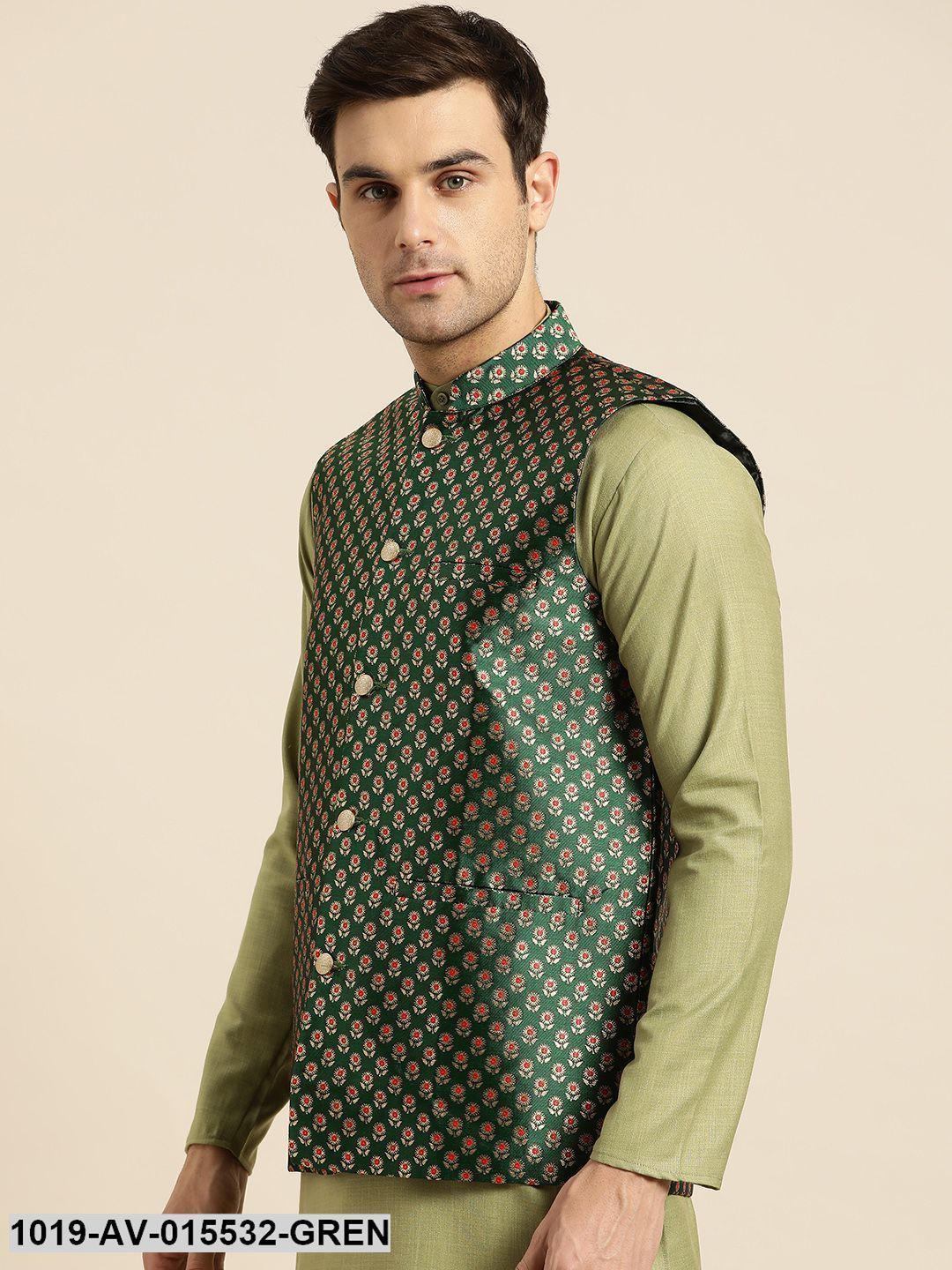 Men's Silk Blend Dark Green & Multi Color Self Design Nehru Jacket