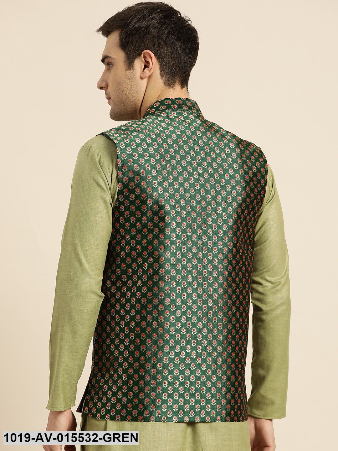 Men's Silk Blend Dark Green & Multi Color Self Design Nehru Jacket