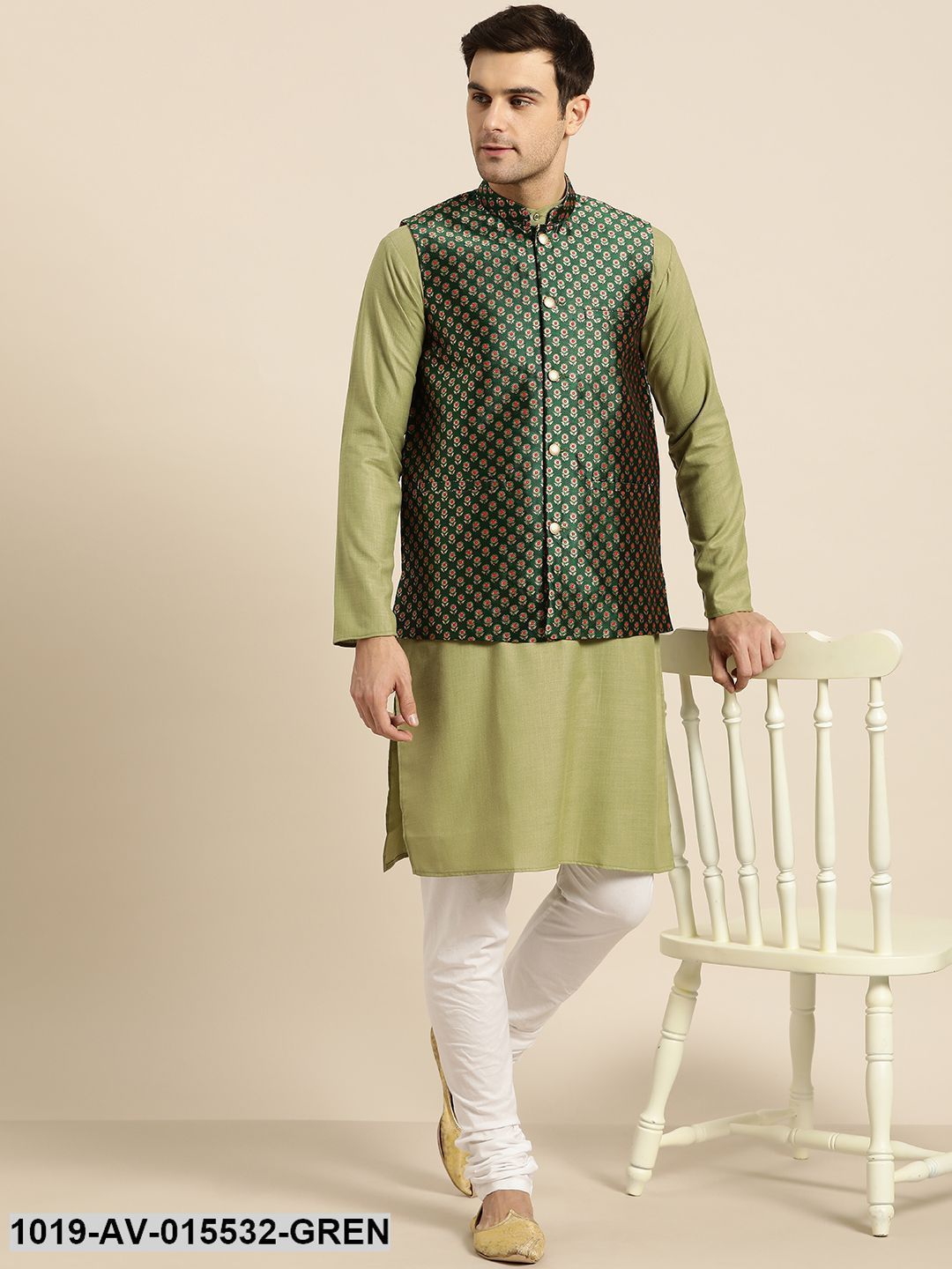 Men's Silk Blend Dark Green & Multi Color Self Design Nehru Jacket