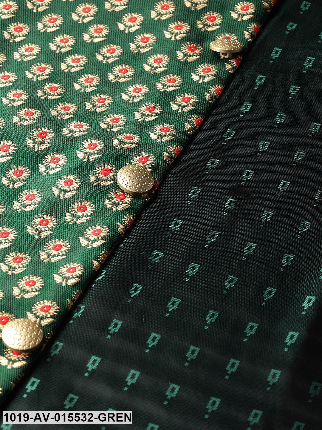 Men's Silk Blend Dark Green & Multi Color Self Design Nehru Jacket