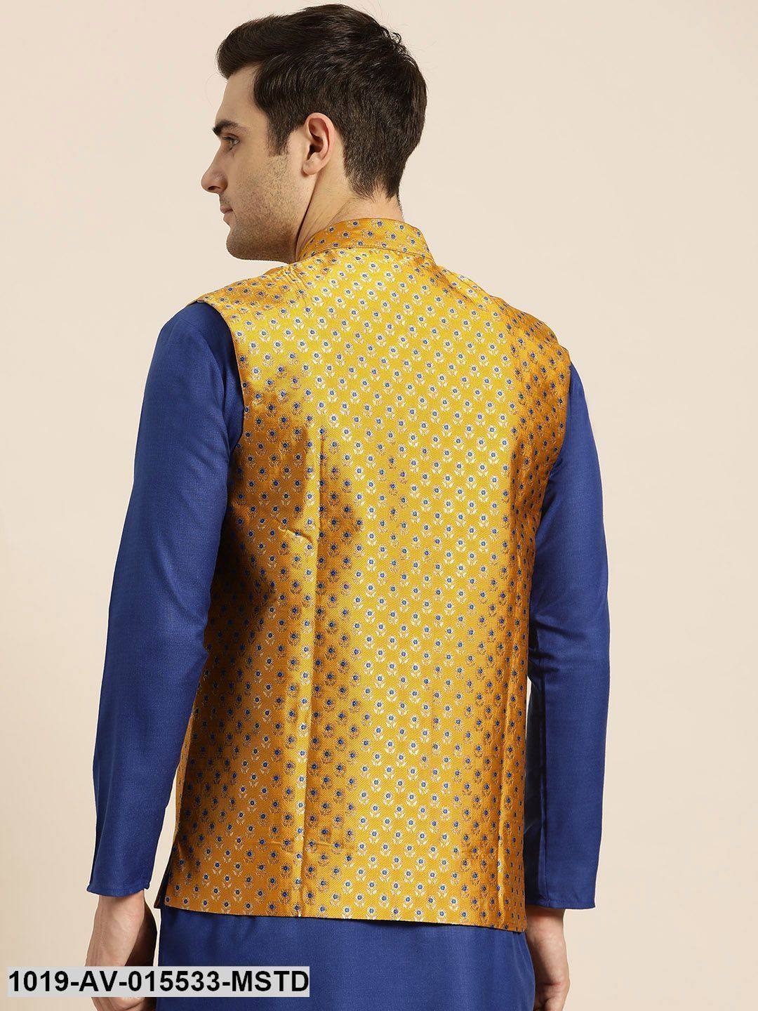 Men's Silk Blend Mustard & Multi Color Self Design Nehru Jacket - Sojanya