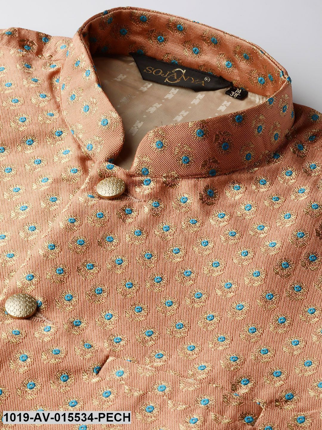 Men's Silk Blend Peach & Multi Color Self Design Nehru Jacket - Sojanya