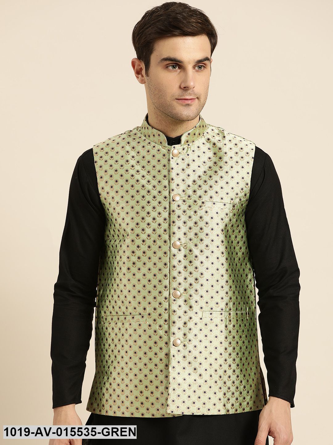Men's Silk Blend Pista Green & Multi Color Self Design Nehru Jacket