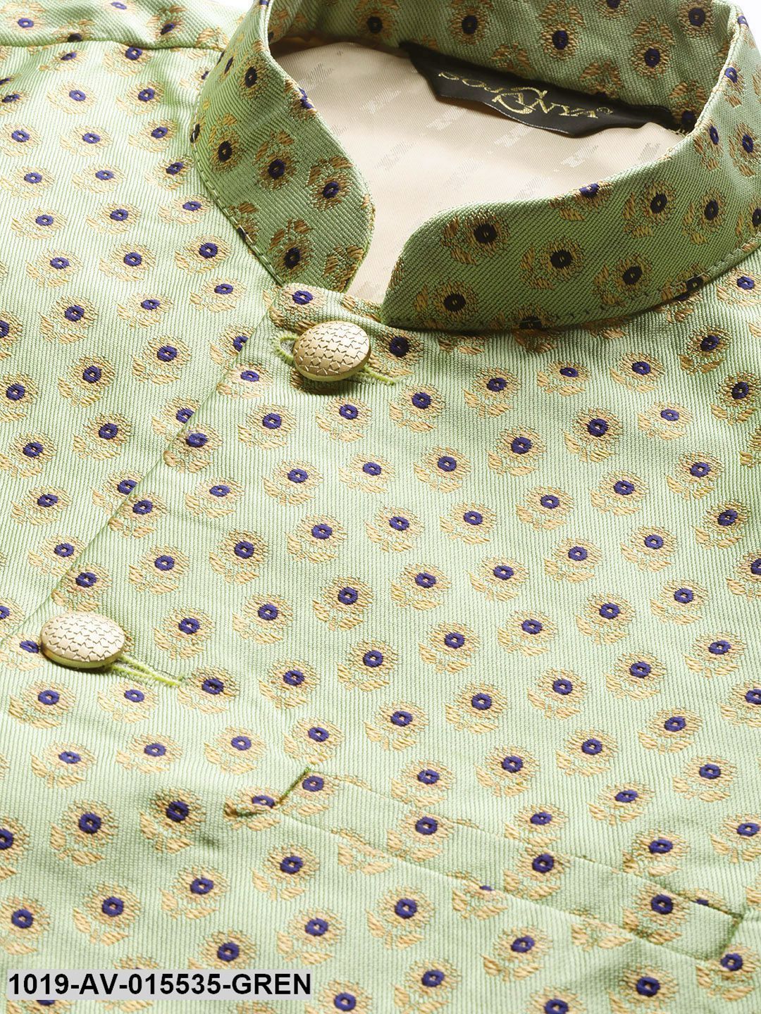 Men's Silk Blend Pista Green & Multi Color Self Design Nehru Jacket
