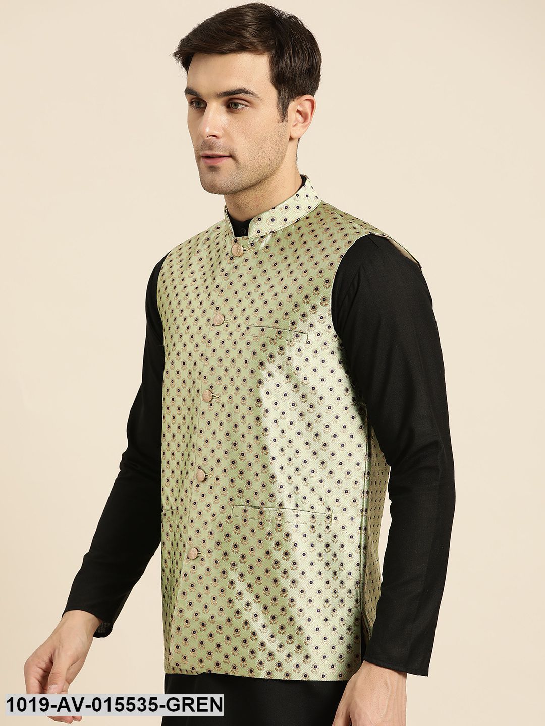 Men's Silk Blend Pista Green & Multi Color Self Design Nehru Jacket