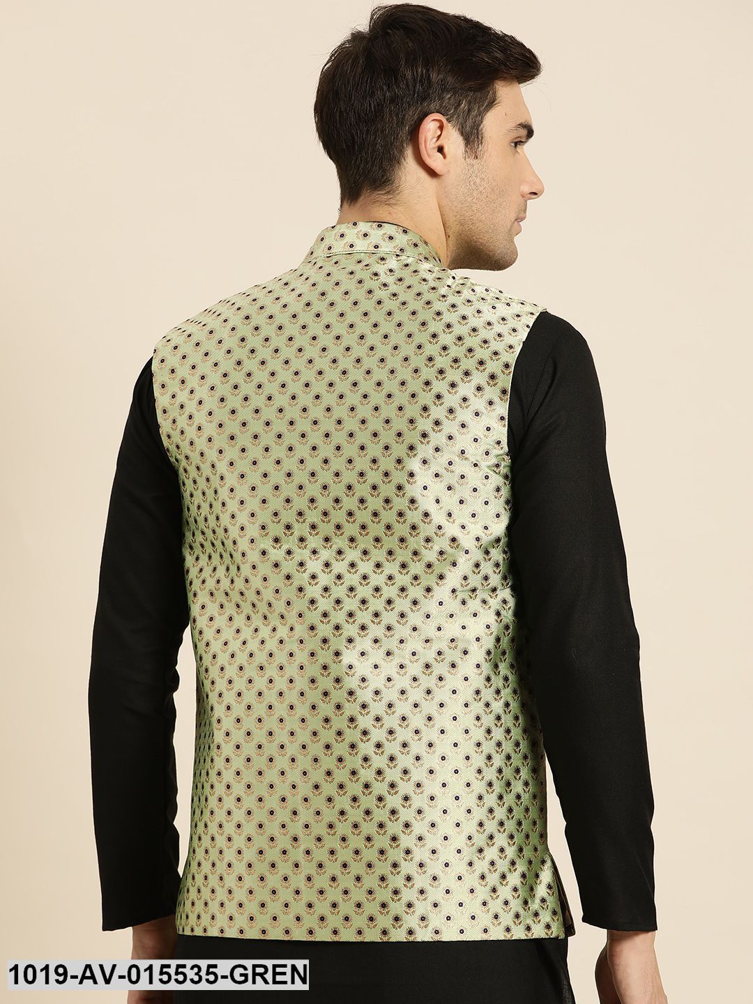Men's Silk Blend Pista Green & Multi Color Self Design Nehru Jacket