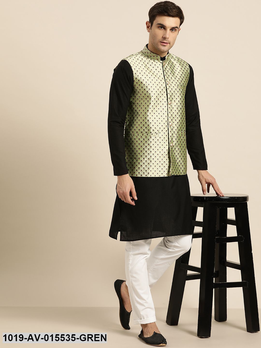 Men's Silk Blend Pista Green & Multi Color Self Design Nehru Jacket