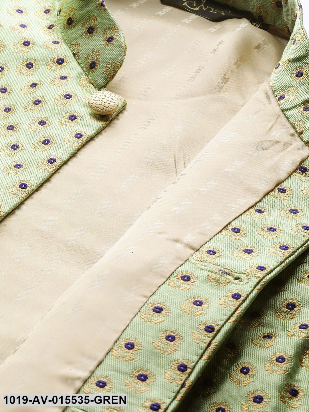 Men's Silk Blend Pista Green & Multi Color Self Design Nehru Jacket
