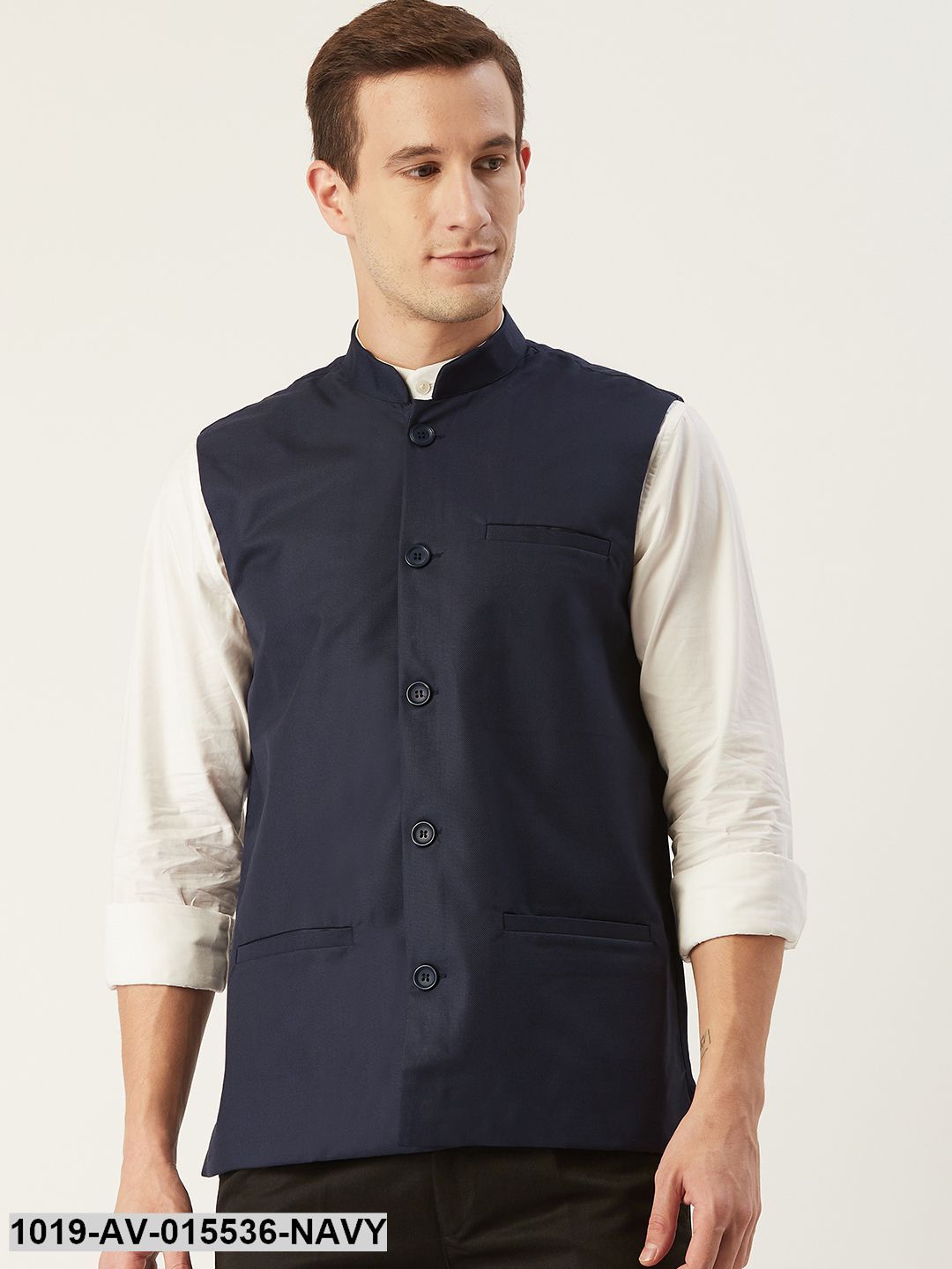 Men's Cotton Blend Navy Blue Solid Nehru Jacket