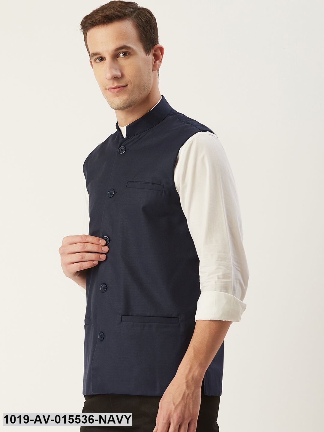 Men's Cotton Blend Navy Blue Solid Nehru Jacket