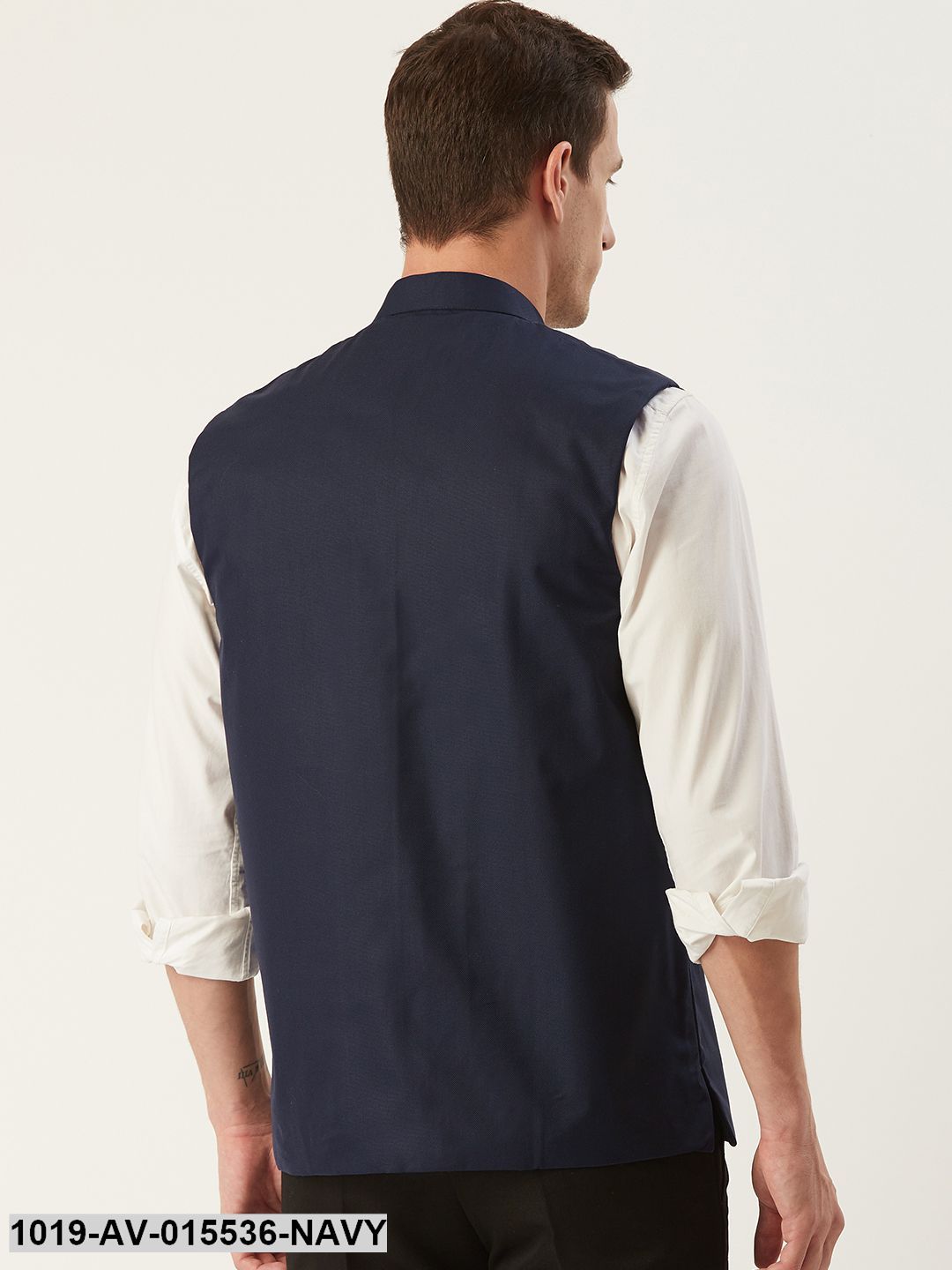 Men's Cotton Blend Navy Blue Solid Nehru Jacket