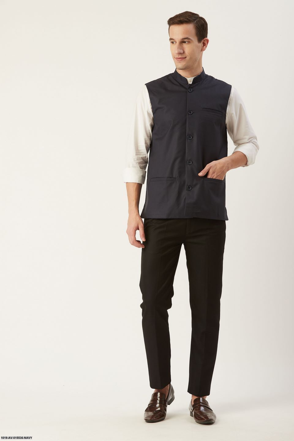 Men's Cotton Blend Navy Blue Solid Nehru Jacket