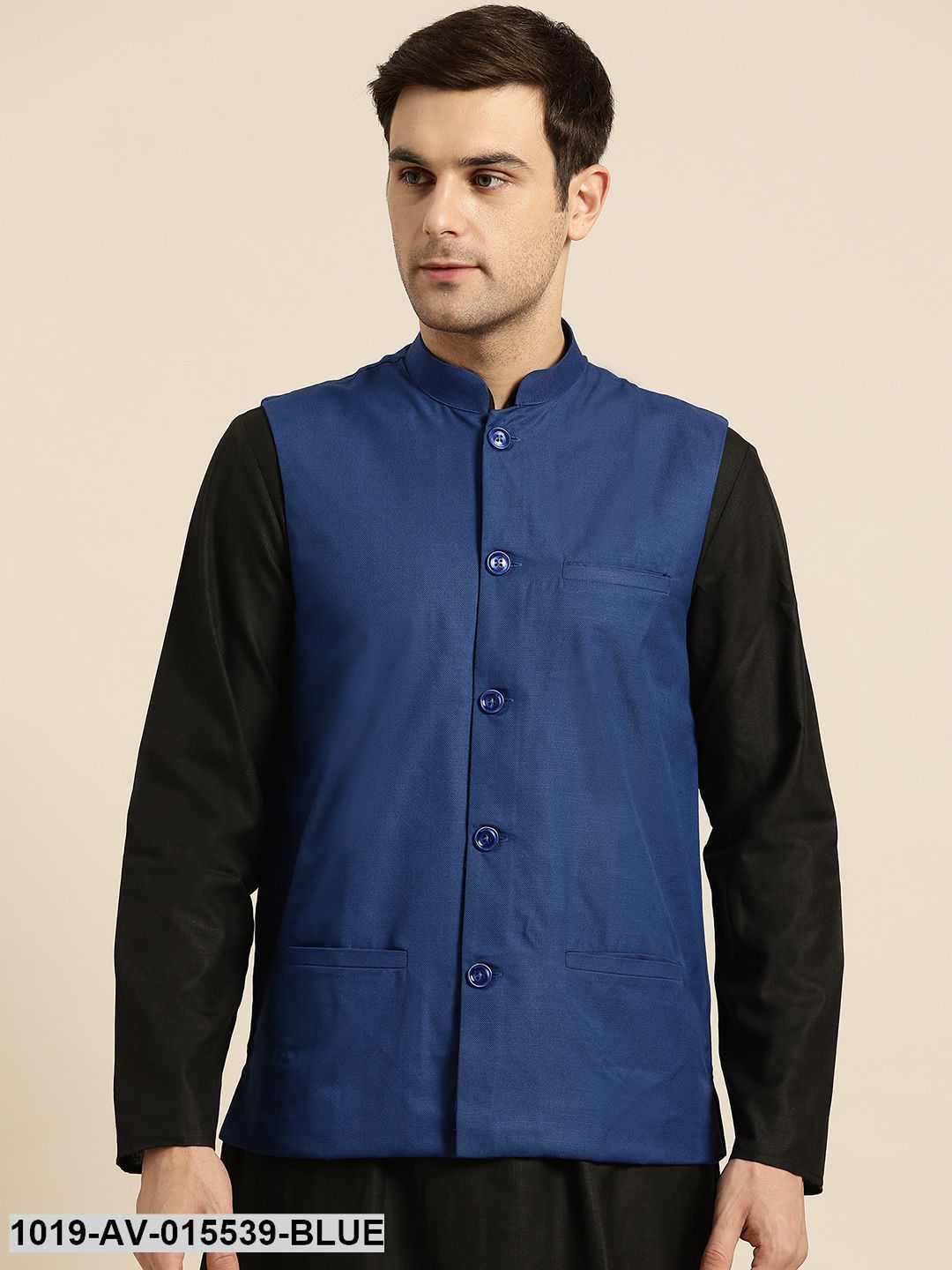 Men's Cotton Blend Royal Blue Solid Nehru Jacket - Sojanya
