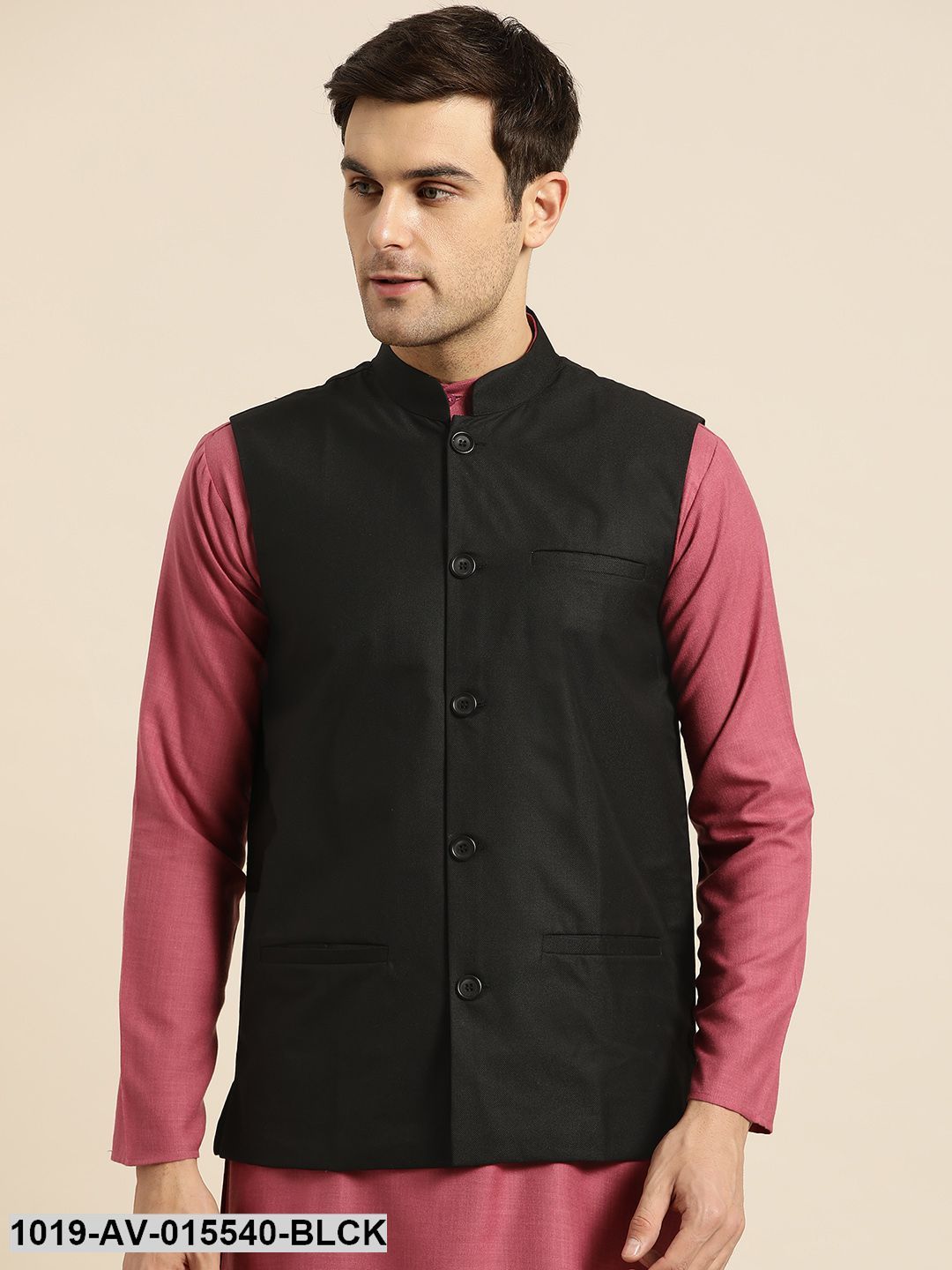 Men's Cotton Blend Black Solid Nehru Jacket