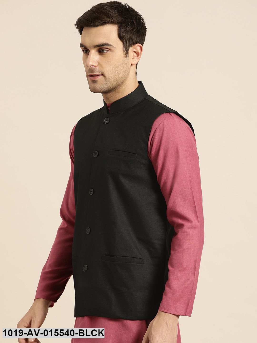 Men's Cotton Blend Black Solid Nehru Jacket